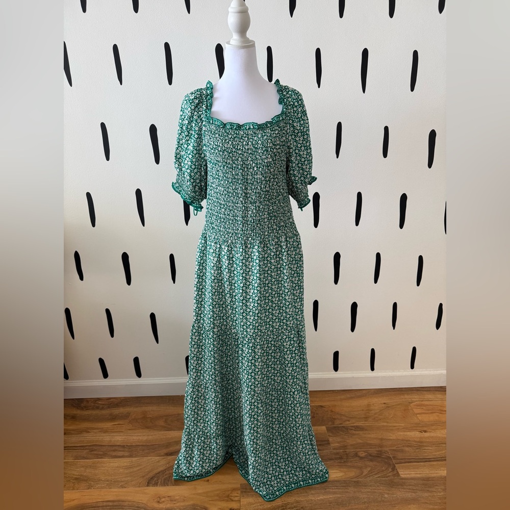 Max Studio Green Floral Smocked Maxi Dress with Ruffle Neckline